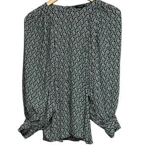 Massimo Dutti Women’s Blouse Long Puff Sleeve Black Cream Geometric Medium